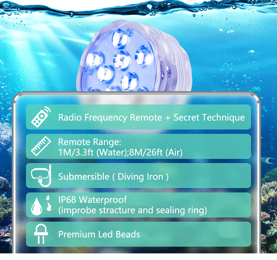 10 LED RGB Underwater Pool Light – Remote Control, Battery Operated, Waterproof Dive Lamp for Aquarium, Vase, and Fish Tank