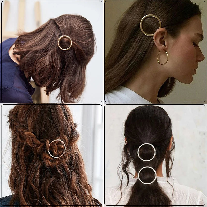 Geometry Hair Clips: Gold & Silver Metal Circle Barrettes with Korean Crystal Pear Accents - Stylish Hair Grips for Women and Girls