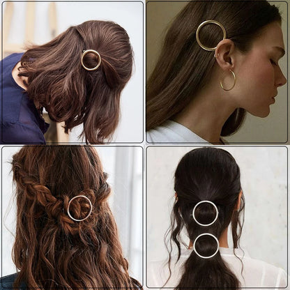Geometry Hair Clips: Gold & Silver Metal Circle Barrettes with Korean Crystal Pear Accents - Stylish Hair Grips for Women and Girls