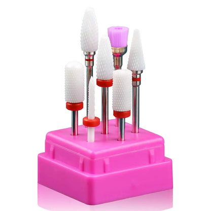 7PCS Ceramic Nail Drill Bit Set – Manicure Tools for Gel Polish, Cuticle Care with Holder