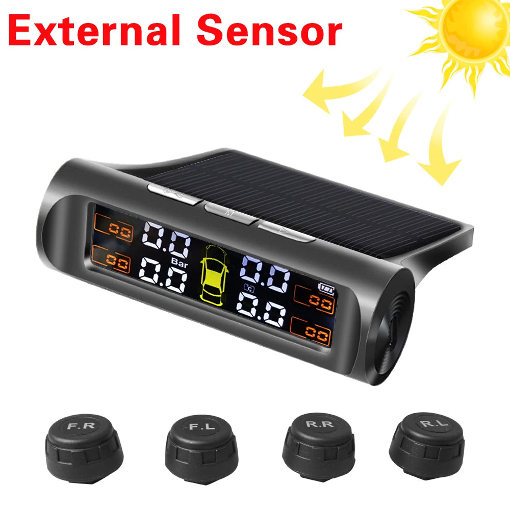 Solar Car TPMS Tire Pressure Monitoring System – External Sensors for 4 Wheels Tyre Pressure Detection