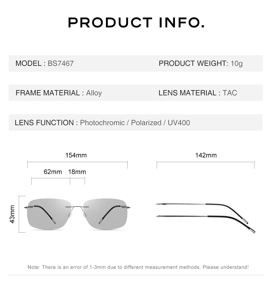 CAPONI Square Photochromic Polarized Sunglasses for Men - Rimless, Classic Design, UV400 Protection Eyewear (BS7467)