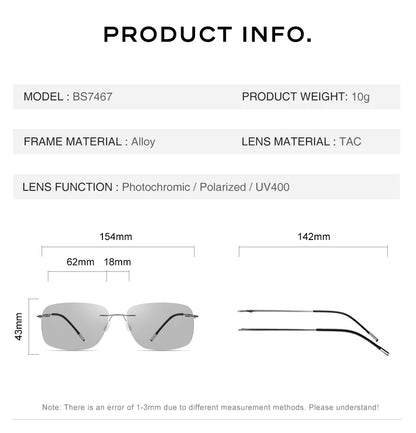 CAPONI Square Photochromic Polarized Sunglasses for Men - Rimless, Classic Design, UV400 Protection Eyewear (BS7467)