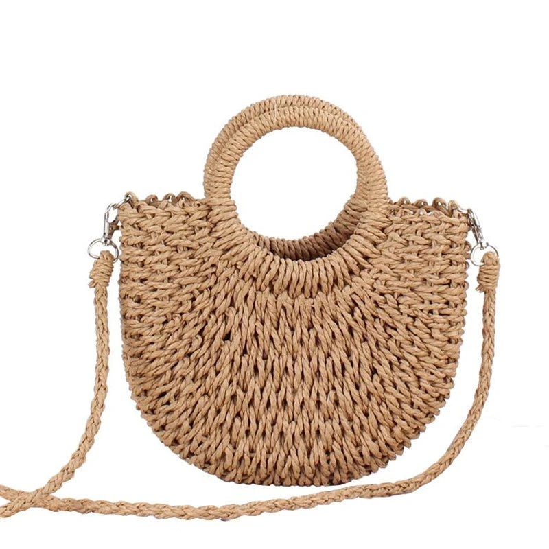 Yogodlns Handmade Half-Round Rattan Straw Bag – Summer Women’s Small Beach Messenger Crossbody Handbag