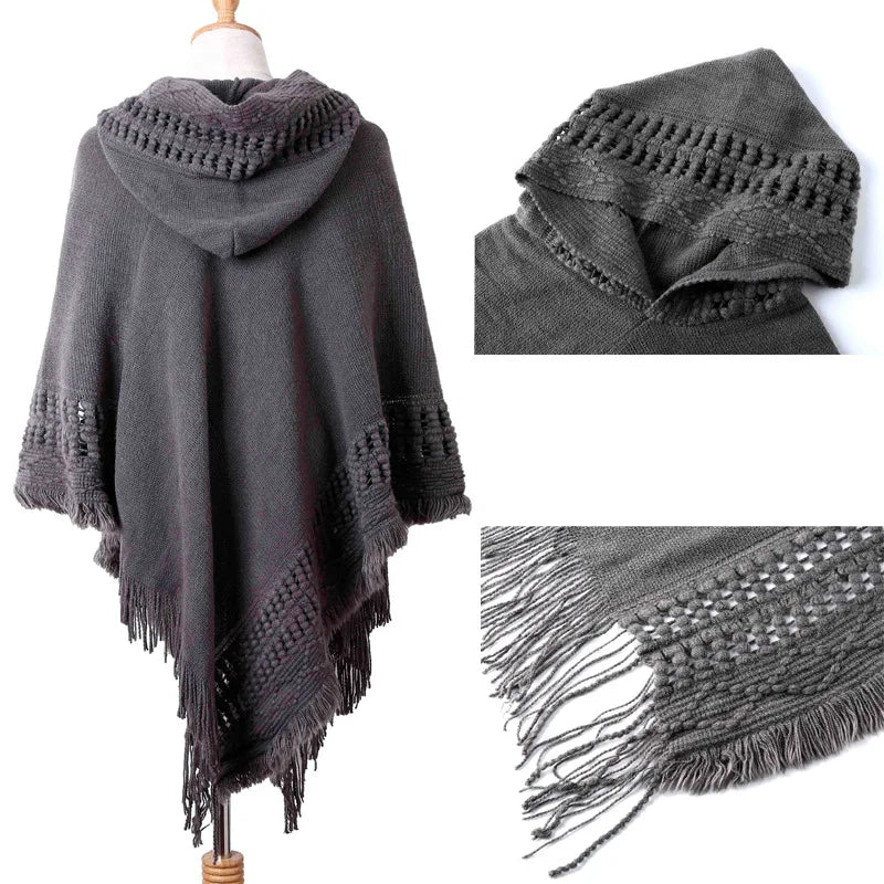 New Women’s Tassel Cape Coat, Fringe Poncho with Oblique Stripe, Bohemian Shawl Scarf