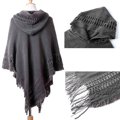 New Women’s Tassel Cape Coat, Fringe Poncho with Oblique Stripe, Bohemian Shawl Scarf