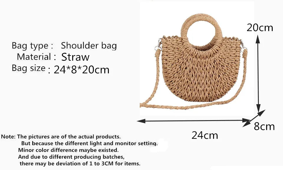 Yogodlns Handmade Half-Round Rattan Straw Bag – Summer Women’s Small Beach Messenger Crossbody Handbag