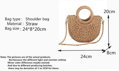 Yogodlns Handmade Half-Round Rattan Straw Bag – Summer Women’s Small Beach Messenger Crossbody Handbag