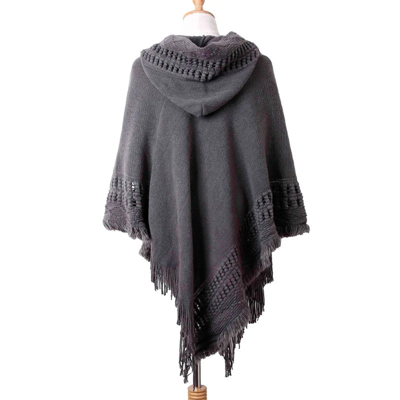 New Women’s Tassel Cape Coat, Fringe Poncho with Oblique Stripe, Bohemian Shawl Scarf