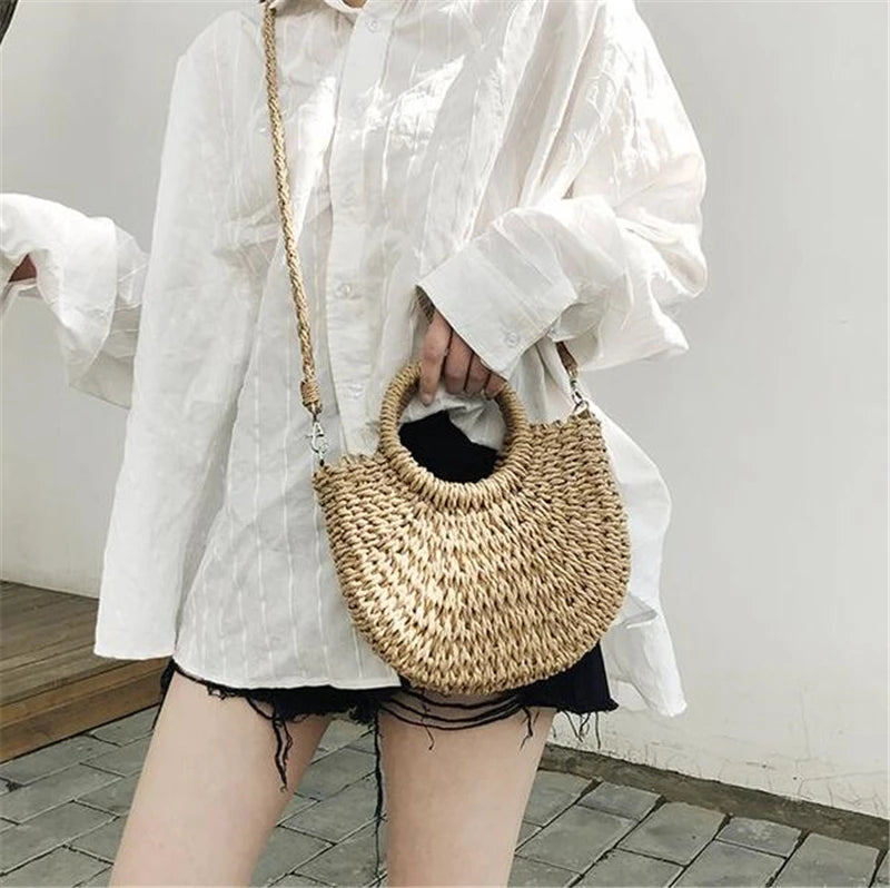 Yogodlns Handmade Half-Round Rattan Straw Bag – Summer Women’s Small Beach Messenger Crossbody Handbag