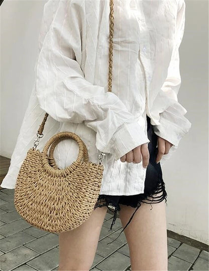 Yogodlns Handmade Half-Round Rattan Straw Bag – Summer Women’s Small Beach Messenger Crossbody Handbag