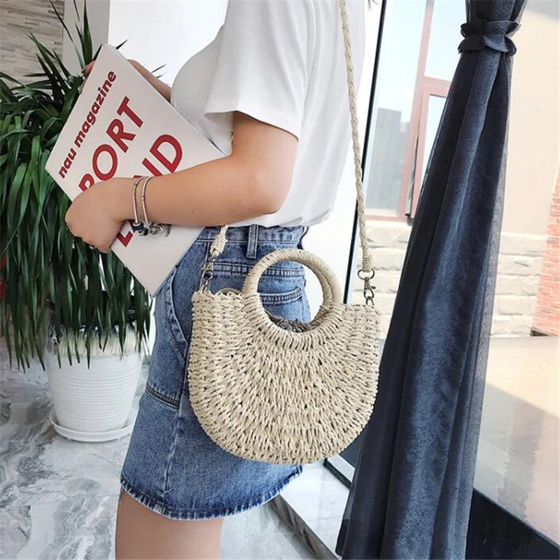 Yogodlns Handmade Half-Round Rattan Straw Bag – Summer Women’s Small Beach Messenger Crossbody Handbag