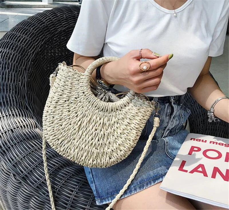 Yogodlns Handmade Half-Round Rattan Straw Bag – Summer Women’s Small Beach Messenger Crossbody Handbag