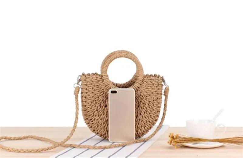 Yogodlns Handmade Half-Round Rattan Straw Bag – Summer Women’s Small Beach Messenger Crossbody Handbag