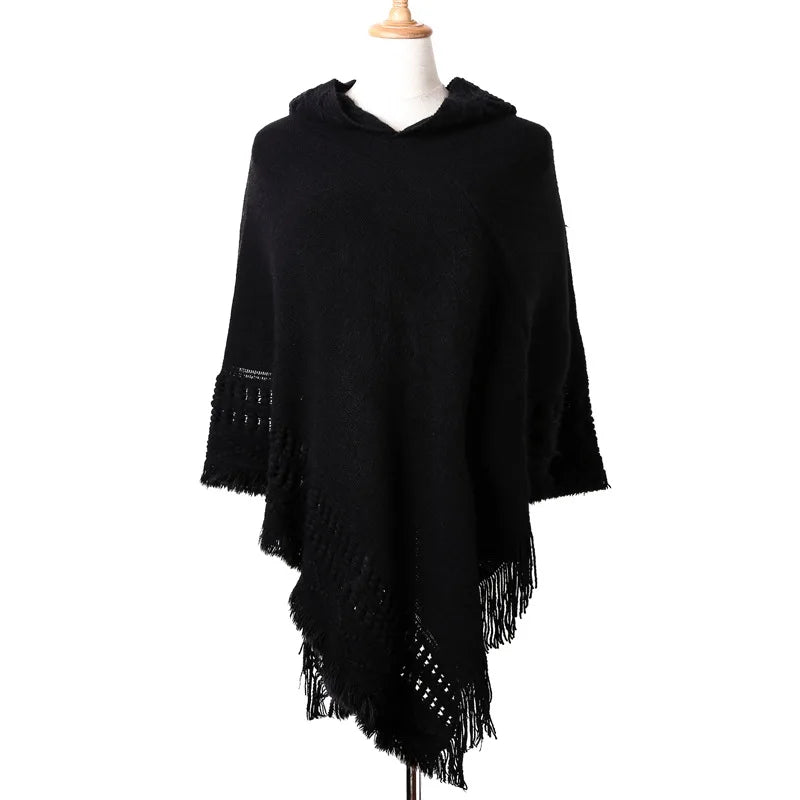 New Women’s Tassel Cape Coat, Fringe Poncho with Oblique Stripe, Bohemian Shawl Scarf