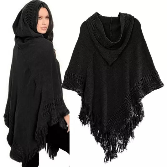 New Women’s Tassel Cape Coat, Fringe Poncho with Oblique Stripe, Bohemian Shawl Scarf