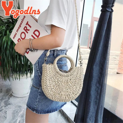 Yogodlns Handmade Half-Round Rattan Straw Bag – Summer Women’s Small Beach Messenger Crossbody Handbag