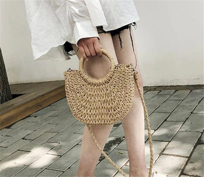 Yogodlns Handmade Half-Round Rattan Straw Bag – Summer Women’s Small Beach Messenger Crossbody Handbag