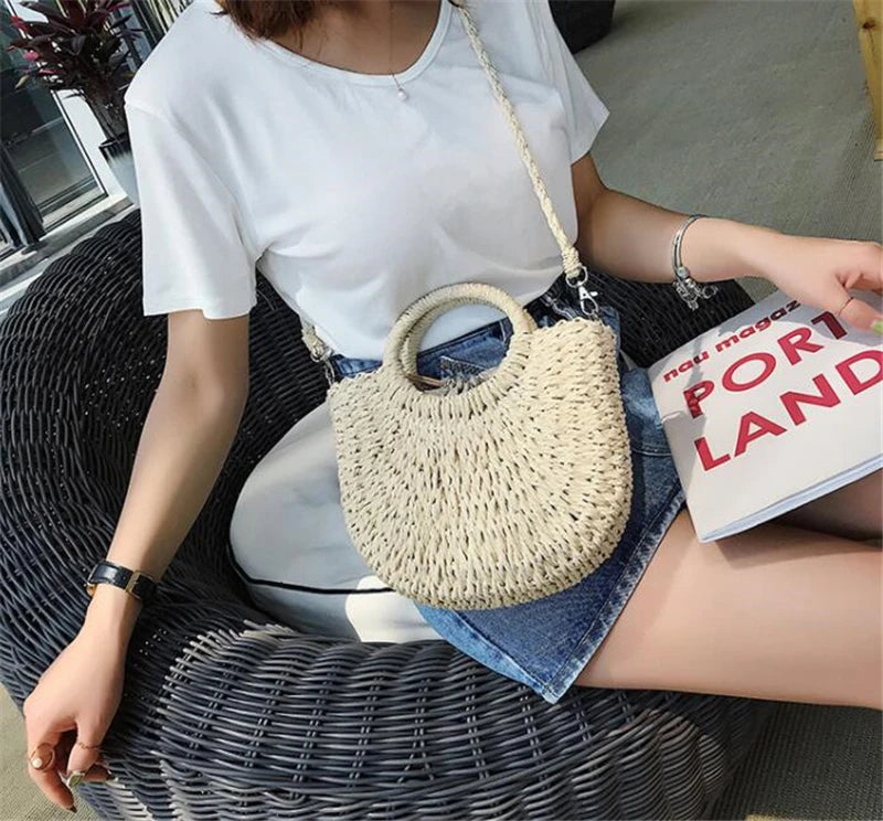 Yogodlns Handmade Half-Round Rattan Straw Bag – Summer Women’s Small Beach Messenger Crossbody Handbag