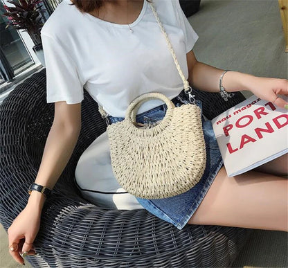 Yogodlns Handmade Half-Round Rattan Straw Bag – Summer Women’s Small Beach Messenger Crossbody Handbag
