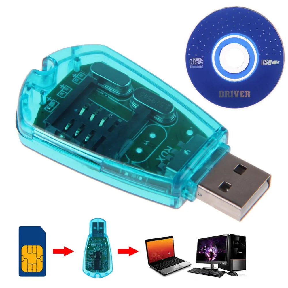 Mobile Phone USB Mini SIM Card Reader and Writer - Backup Kit for GSM/CDMA/WCDMA, SMS Adapter Converter with Disk for Cellphones