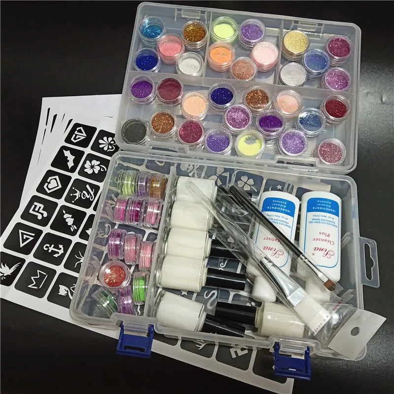 Halloween Glitter Tattoo Kit – Stencils, Glue, Brush & Body Art Makeup Glitter for Kids, Body Painting Powder