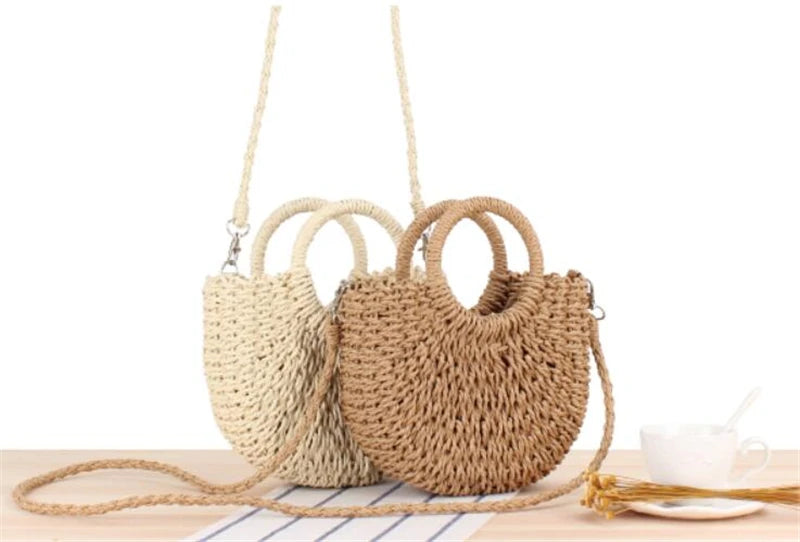 Yogodlns Handmade Half-Round Rattan Straw Bag – Summer Women’s Small Beach Messenger Crossbody Handbag