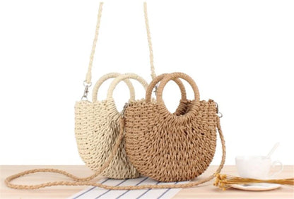 Yogodlns Handmade Half-Round Rattan Straw Bag – Summer Women’s Small Beach Messenger Crossbody Handbag