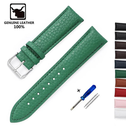 Genuine Calfskin Leather Watch Strap – Men's & Women's Band Accessories, 12mm-22mm, Green, Blue, Red