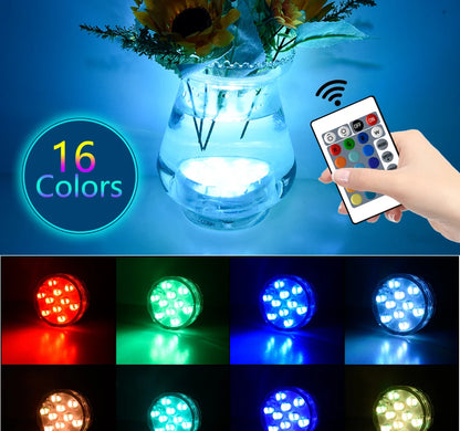 10 LED RGB Underwater Pool Light – Remote Control, Battery Operated, Waterproof Dive Lamp for Aquarium, Vase, and Fish Tank