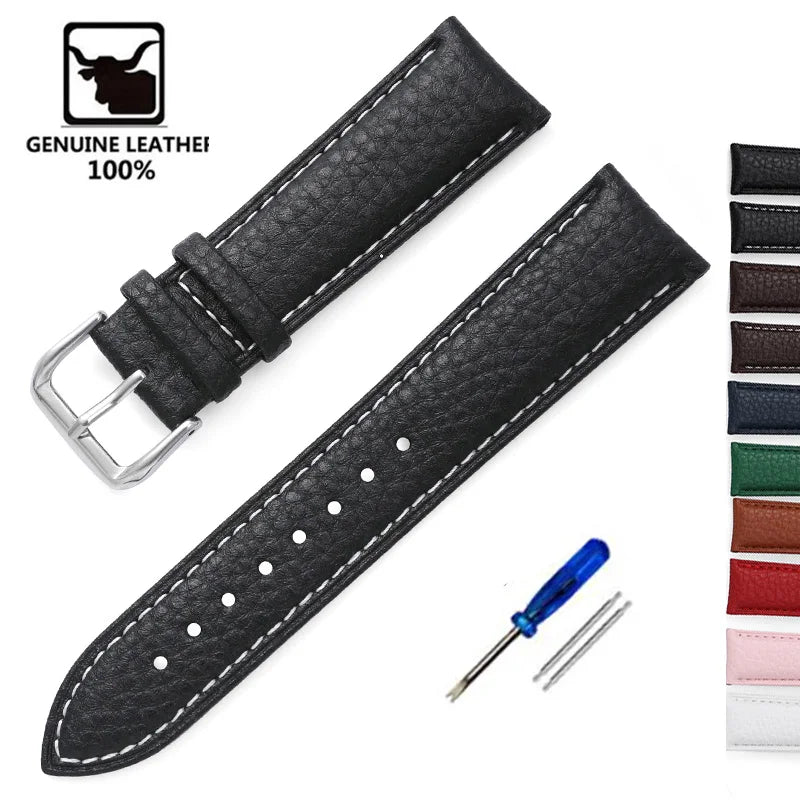 Genuine Calfskin Leather Watch Strap – Men's & Women's Band Accessories, 12mm-22mm, Green, Blue, Red