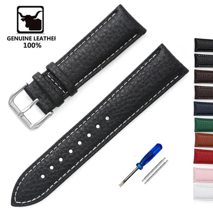 Genuine Calfskin Leather Watch Strap – Men's & Women's Band Accessories, 12mm-22mm, Green, Blue, Red