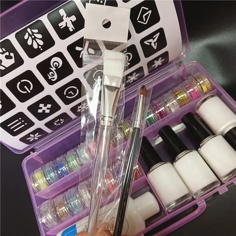 Halloween Glitter Tattoo Kit – Stencils, Glue, Brush & Body Art Makeup Glitter for Kids, Body Painting Powder