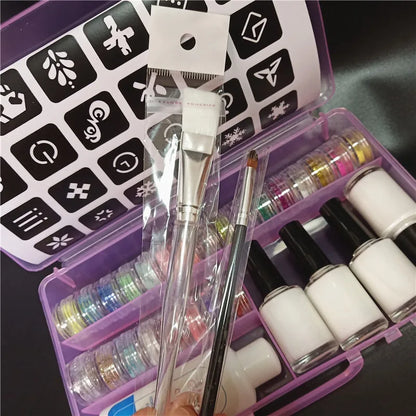 Halloween Glitter Tattoo Kit – Stencils, Glue, Brush & Body Art Makeup Glitter for Kids, Body Painting Powder