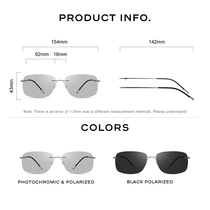 CAPONI Square Photochromic Polarized Sunglasses for Men - Rimless, Classic Design, UV400 Protection Eyewear (BS7467)