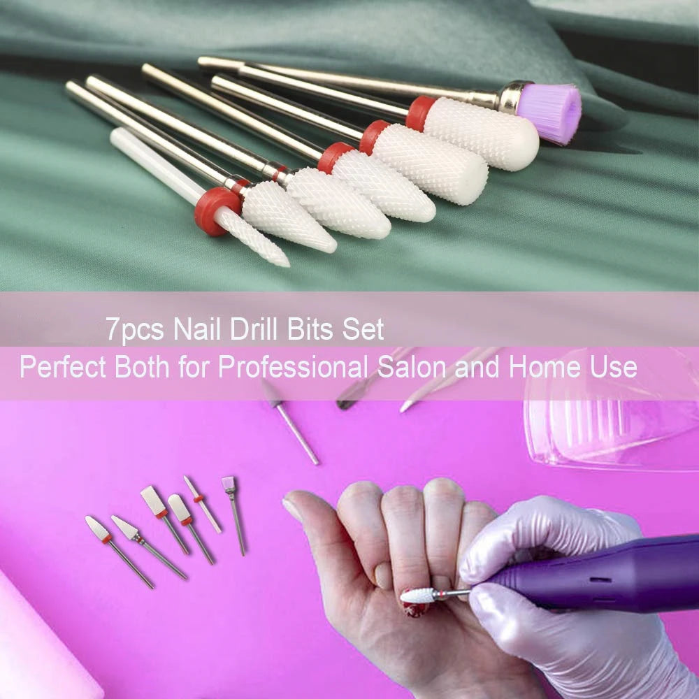 7PCS Ceramic Nail Drill Bit Set – Manicure Tools for Gel Polish, Cuticle Care with Holder