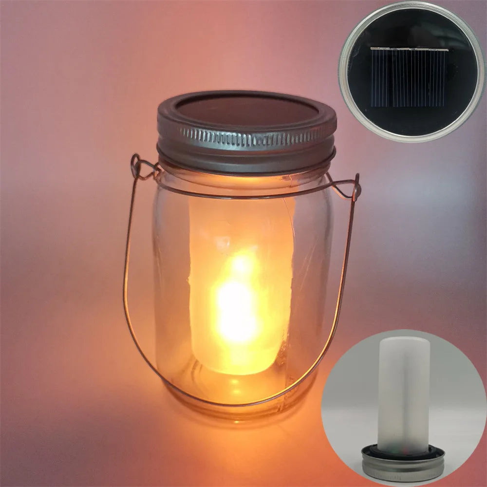 Solar LED Mason Jar Lights – Warm Torch Flame Lantern for Outdoor & Indoor Christmas, Garden, and Street Decoration