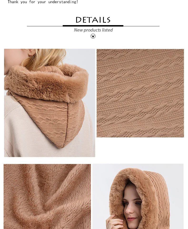 Winter Fur Cap Mask Set – Hooded Knitted Cashmere Neck Warmer, Plush Windproof Balaclava Ski Beanie for Women