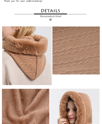 Winter Fur Cap Mask Set – Hooded Knitted Cashmere Neck Warmer, Plush Windproof Balaclava Ski Beanie for Women