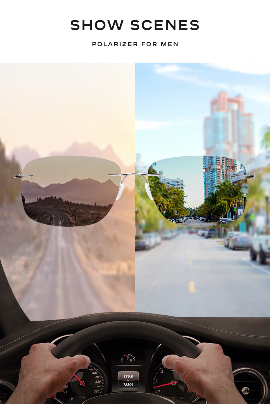 CAPONI Square Photochromic Polarized Sunglasses for Men - Rimless, Classic Design, UV400 Protection Eyewear (BS7467)