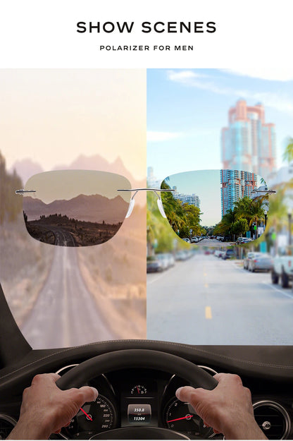 CAPONI Square Photochromic Polarized Sunglasses for Men - Rimless, Classic Design, UV400 Protection Eyewear (BS7467)