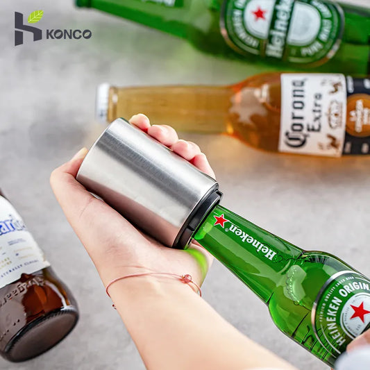 Effortless Automatic Beer Bottle Opener - Magnetic Stainless Steel Push-Down Cap Opener for Beer, Wine, and Soda Bottles - Essential Kitchen Accessory