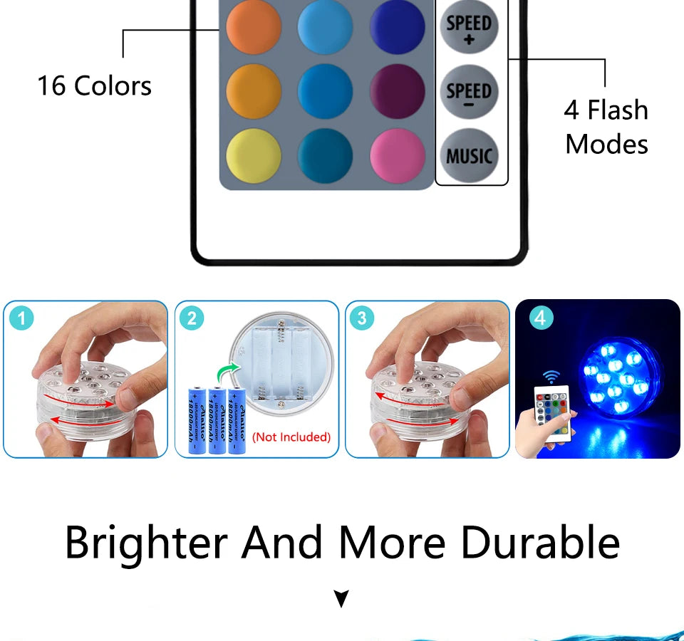 10 LED RGB Underwater Pool Light – Remote Control, Battery Operated, Waterproof Dive Lamp for Aquarium, Vase, and Fish Tank