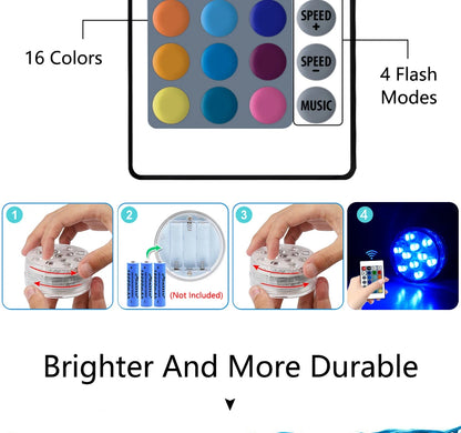 10 LED RGB Underwater Pool Light – Remote Control, Battery Operated, Waterproof Dive Lamp for Aquarium, Vase, and Fish Tank