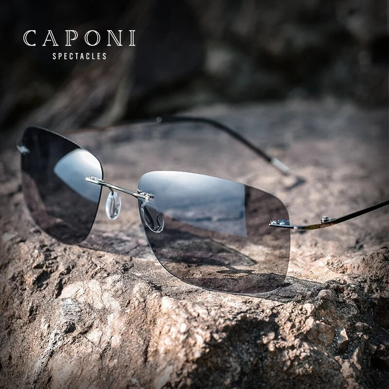 CAPONI Square Photochromic Polarized Sunglasses for Men - Rimless, Classic Design, UV400 Protection Eyewear (BS7467)