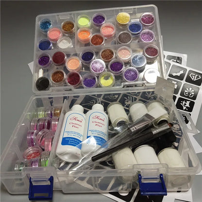 Halloween Glitter Tattoo Kit – Stencils, Glue, Brush & Body Art Makeup Glitter for Kids, Body Painting Powder