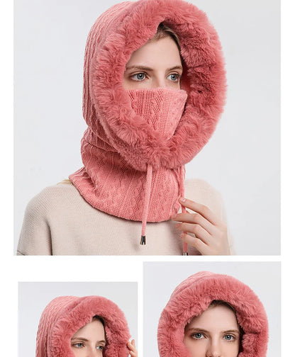 Winter Fur Cap Mask Set – Hooded Knitted Cashmere Neck Warmer, Plush Windproof Balaclava Ski Beanie for Women