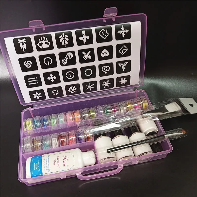 Halloween Glitter Tattoo Kit – Stencils, Glue, Brush & Body Art Makeup Glitter for Kids, Body Painting Powder