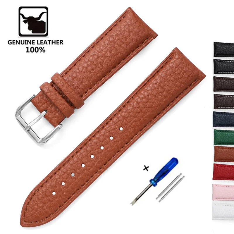 Genuine Calfskin Leather Watch Strap – Men's & Women's Band Accessories, 12mm-22mm, Green, Blue, Red