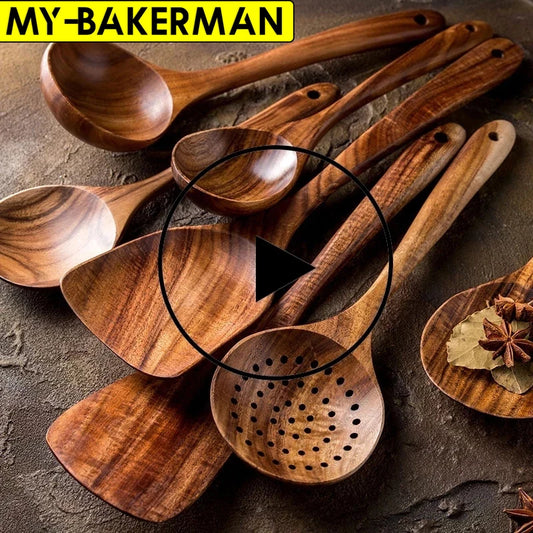 1-7pcs Teak Wood Tableware Set – Natural Wooden Spoons, Colander Spoon & Soup Skimmer Cooking Tool Kit
